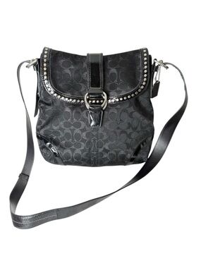 COACH Black Metallic Signature C Studded Flap Crossbody Bag Logo Monogram F12352
